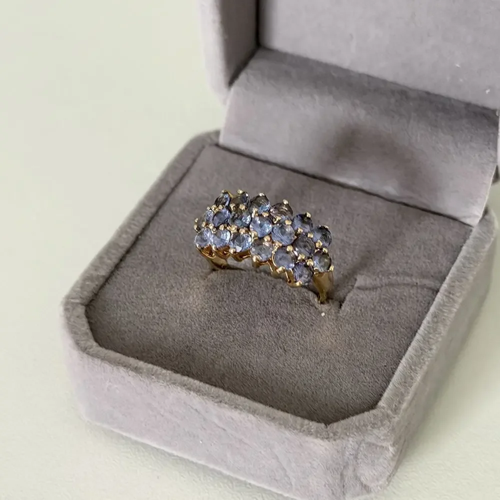 Clyde Duneier Designer 10K Yellow Gold Tanzanite Triple Row Ring Size 6
